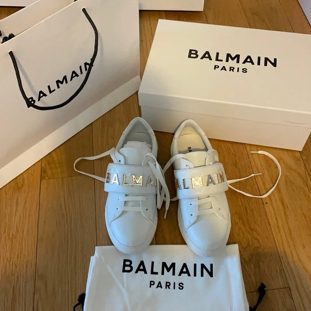 Balmain White Leather Sneakers with Gold Logo Strap